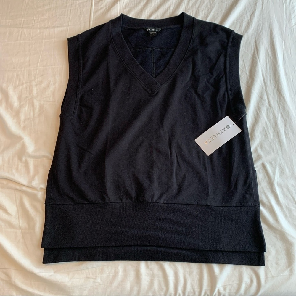 ATHLETA Black Retroterry V-Neck M Sweatshirt Tee Top Minimalist Comfy Side Slit - Picture 2 of 9